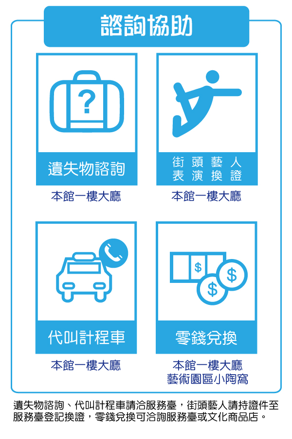 服務臺提供遺失物登記與諮詢、街頭藝人登記換證，、代叫計程車服務及兌換零錢需求